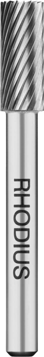 Ein zylindrischer Trennschleifer mit spiralförmiger Klinge und der Aufschrift 'RHODIUS' auf dem Schaft, in silberner Farbe.