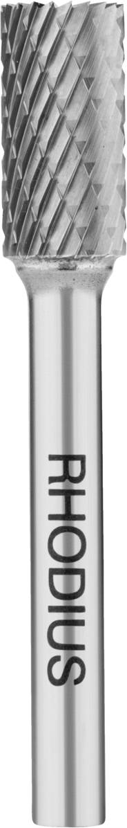 Fräser mit diamantähnlicher Verzahnung, zylindrische Form, Metalloberfläche mit eingeprägtem Markenname 'RHODIUS'. Geeignet für Präzisionsbearbeitung.