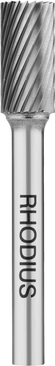 Fräser mit spiralförmigen Schneiden und der Aufschrift 'RHODIUS' auf dem Schaft, geeignet zur Bearbeitung von Metalloberflächen.