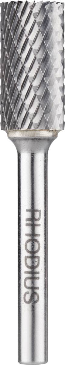 Ein Frässtift aus Metall mit zylindrischem Schneidkopf und kreuzverzahnten Kanten. на der Unterseite des Schafts steht 'RHODIUS'.