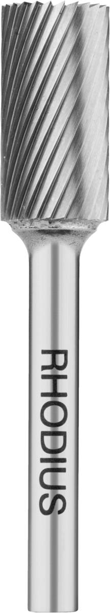 Ein metallischer Frässtift, zylindrisch geformt, mit einer spiralförmigen Schneide an der Spitze. Auf dem Schaft steht 'RHODIUS'.