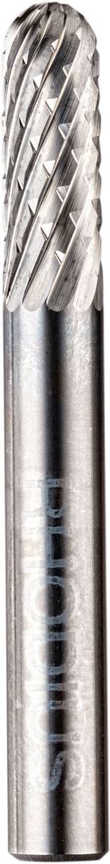 Ein zylindrischer Fräser mit spiralförmigen Schneidezähnen aus silberfarbenem Metall, geeignet zum Bearbeiten von Materialien wie Metall.