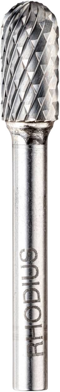 Ein zylindrischer Frässtift aus Metall mit einer strukturierten, rautenförmigen Schneide. Geeignet für Bearbeitungsaufgaben auf Metalloberflächen.