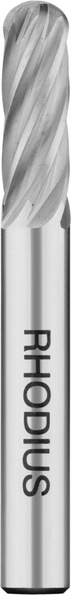 Zylindrisches Fräswerkzeug mit spiralförmigen Zähnen, Beschriftung 'RHODIUS' auf der Seite. Geeignet für präzise Metallbearbeitung.