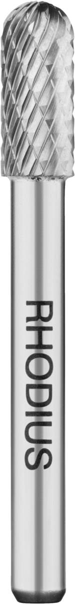 Metallschleifstift mit zylindrischem Kopf und diamantförmiger Verzahnung. Vertikal ausgerichtet, mit 'RHODIUS'-Aufdruck.