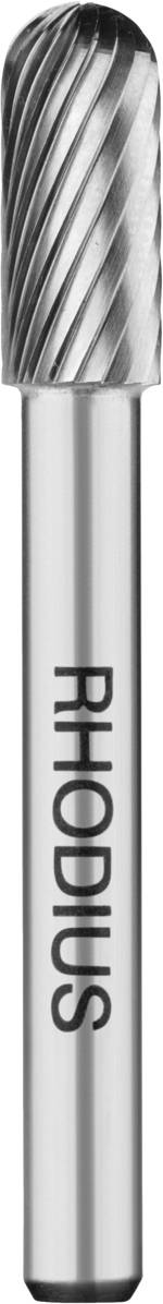 Zylindrische Frässtift, metallisch, mit gestreifter Oberfläche. Markierung 'RHODIUS' auf der Seite. Geeignet für Schleifarbeiten.