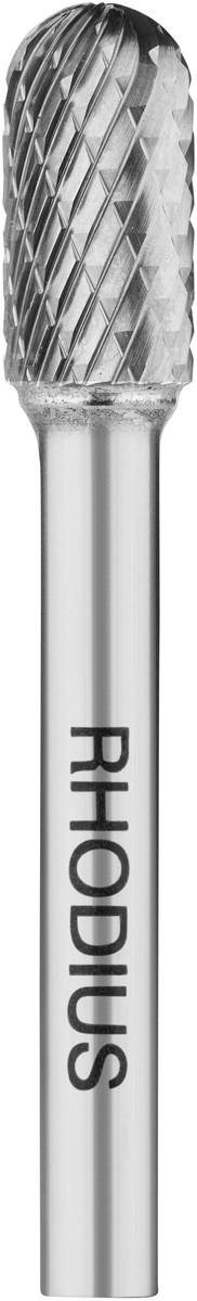 Fräser aus Metall mit diamantförmiger Textur an der Spitze, geeignet für präzises Schleifen oder Schneiden. Markierung 'RHODIUS' auf dem Schaft.