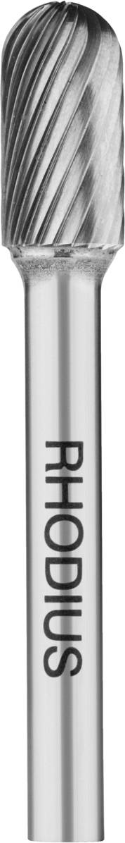 Ein zylindrischer Frässtift mit seitlichen Schneidzähnen, Marke 'Rhodius', geeignet für die Bearbeitung von Metallen.