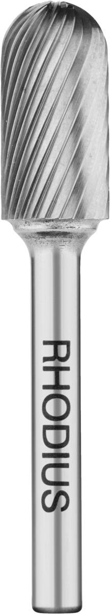 Ein zylindrischer Frässtift aus Metall mit Rillen, Markenname 'RHODIUS' auf dem Schaft. Geeignet für präzise Schleifarbeiten.