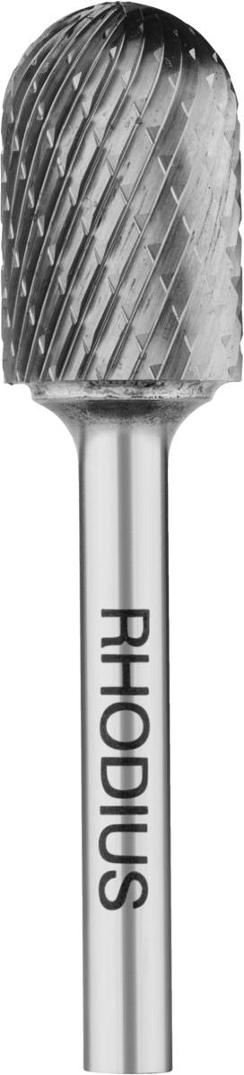 Bild eines zylindrischen Fräsers mit Kreuzverzahnung und zylindrischem Schaft. Auf dem Schaft steht der Schriftzug 'RHODIUS'.