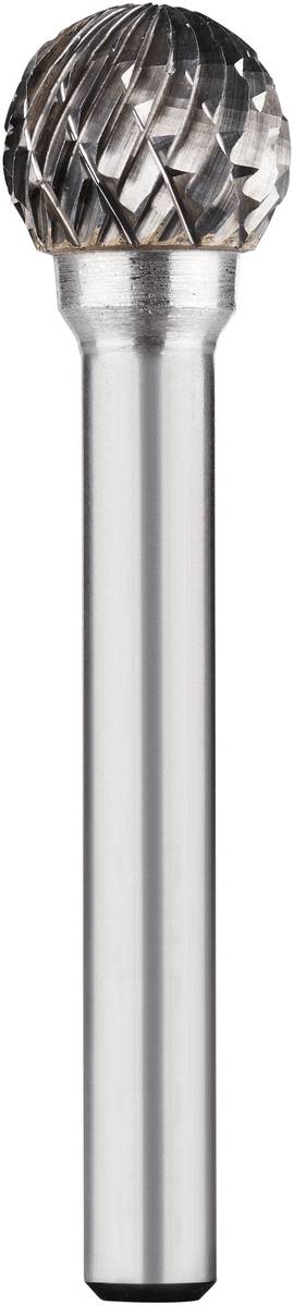 Ein Hartmetallfrässtift mit kugelförmigem Kopf und spiralförmigen Schneiden, geeignet für das Fräsen von Metalloberflächen.