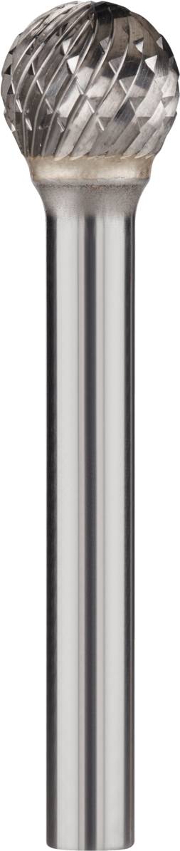 Fräser mit kugelförmigem Kopf und spiralförmiger Struktur auf einem glatten zylindrischen Schaft.