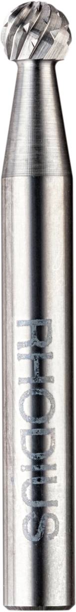 Nahaufnahme eines metallischen Fräszylinders mit geriffelter Oberseite und eingraviertem Schriftzug 'Rhodius'. Geeignet für Präzisionsarbeiten.