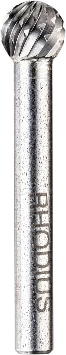 Fräser in Zylinderform, glänzendes Metall mit Spiralmustern auf der Spitze, Gravur 'RHODIUS' entlang des Schafts.