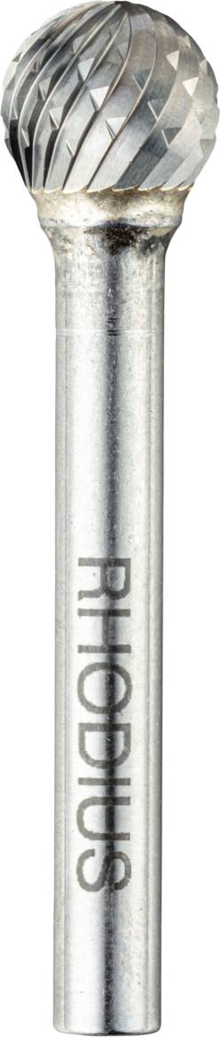 Ein silberner Frässtift mit kugelförmigem Kopf, geeignet für präzises Bearbeiten von Materialien. Auf der Seite steht 'RHODIUS'.