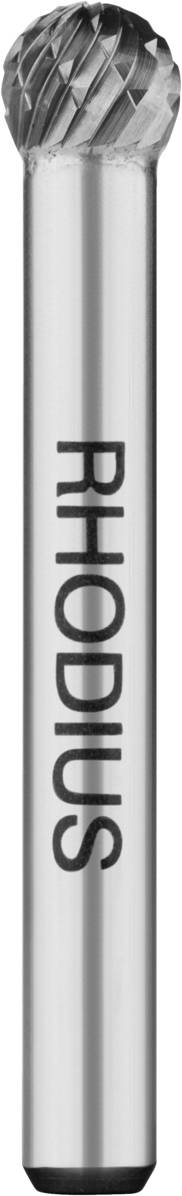 Frässtift mit zylindrischem Schaft und kugelförmigem Kopf aus Metall, Aufschrift 'RHODIUS' an der Seite, geeignet für Metallbearbeitung.