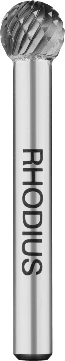 Fräser mit kugelförmigem Kopf und geriffelter Oberfläche, silberfarben, mit der Aufschrift 'RHODIUS' auf dem Schaft.