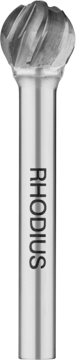 Ein zylindrischer Frässtift mit kugelförmiger Spitze und der Aufschrift 'RHODIUS', verwendet zum Schleifen und Formen von Materialien.