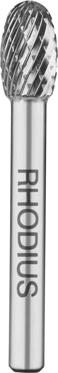 Fräser in Zylinderform mit Aufschrift 'RHODIUS', verwendet für Metallbearbeitung, zeigt feine, spiralförmige Rillen auf dem Schneidkopf.