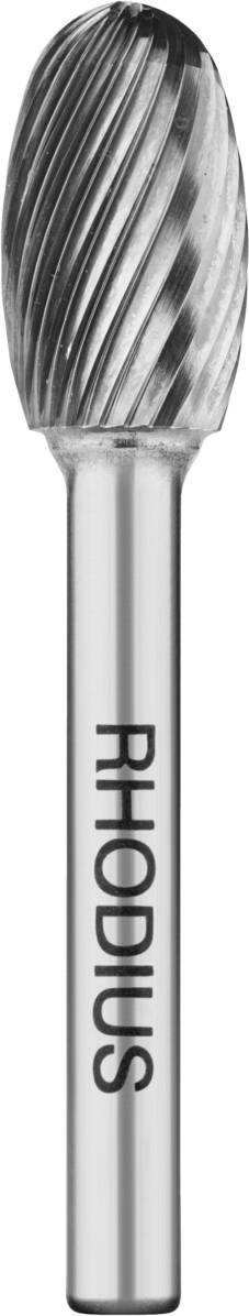 Ein zylindrisch geformter Fräser mit spiralförmigen Schneiden und der Aufschrift 'RHODIUS' auf dem Schaft.