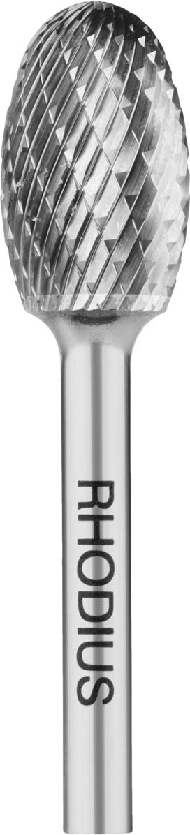 Fräser mit rotierendem Kopf, geeignet für Metallbearbeitung. Stabform mit gekreuzten Schneiden, silberfarben, Marke 'Rhodius'.