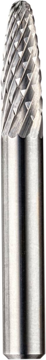 Ein länglicher Frässtift aus Metall mit diamantförmigen Schneidkanten, geeignet für präzise Schleif- und Fräsarbeiten.