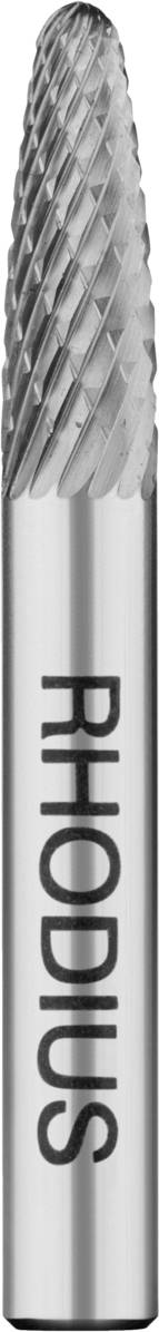 Metallfräser mit kegelförmiger Spitze und spiralförmigen Schneidezähnen, Aufschrift 'RHODIUS' auf dem Schaft.