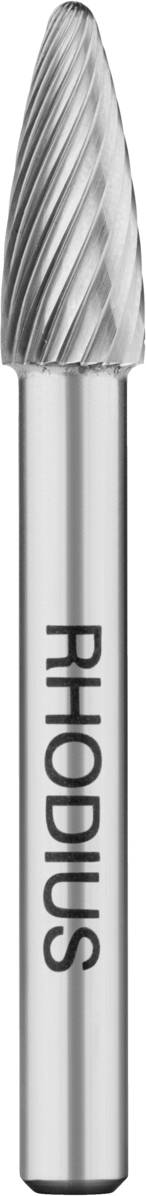 Metallfräser mit zylindrischem Schaft und konischem Kopf, auf dem der Schriftzug 'RHODIUS' steht. Geeignet für Metallbearbeitung.
