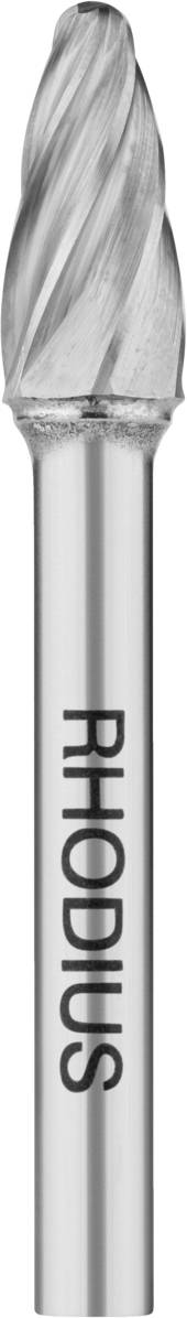 Metallfräser von RHODIUS mit schraubenförmigen Schneidkanten, geeignet für das Präzisionsschleifen von Metalloberflächen.