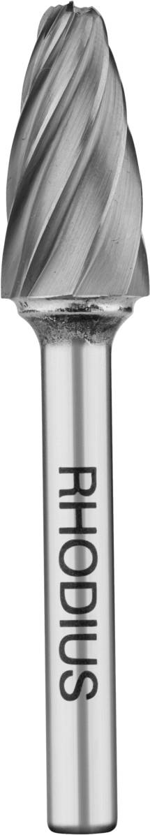 Metallschneidfräser mit spiralförmigen Schneiden, hergestellt von Rhodius, geeignet zum Fräsen von Metalloberflächen und -kanten.