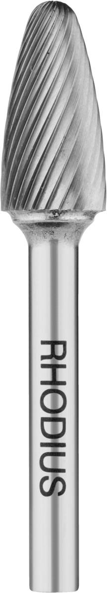 Ein rotierender Frässtift aus Metall mit zylindrischem Schaft und konischem Kopf. Auf dem Schaft steht 'RHODIUS'.