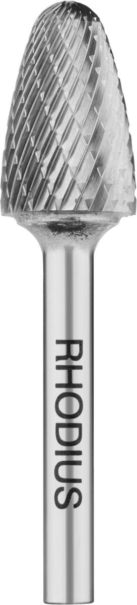 Ein rotierender Frässtift mit zylindrischem Kopf und grobem Rillenmuster. Der Schaft ist mit dem Schriftzug 'RHODIUS' versehen.