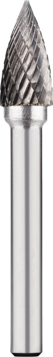 Hartmetall-Frässtift mit kegelförmigem Kopf und spiraligen Schneidekanten, geeignet für Metallbearbeitung und Detailarbeiten.