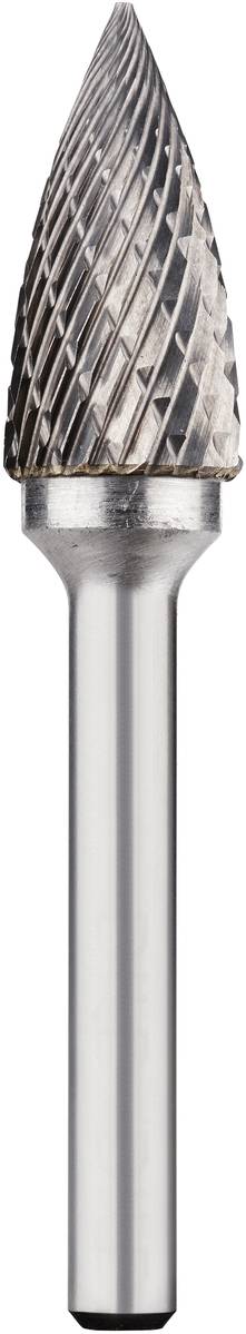 Ein Frässtift aus Metall mit kegelförmigem, geriffeltem Kopf. Geeignet für die Bearbeitung und Formgebung von Materialien.