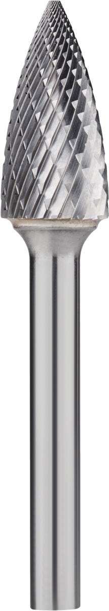 Ein kegelförmiger Frässtift mit Riffelung für Metallbearbeitung, silberfarbig, aufrecht stehend, mit glatter Halterung.