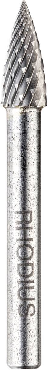 Ein Hartmetall-Frässtift mit konischer Form und grobem Schneidmuster für präzise Metallbearbeitung. Markenname seitlich auf dem Schaft.