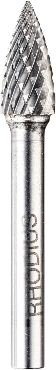 Karbidfräser mit kegelförmigem Kopf und geriffelten Schneidkanten. Hauptsächlich für Metall- und Holzbearbeitung geeignet.