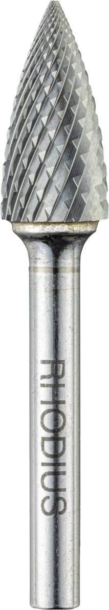 Metallfräser in Kegelform mit rautenförmigem Schneidemuster, geeignet für präzises Schleifen und Fräsen von Metalloberflächen.