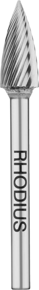 Zylindrischer Schleifstift mit spitzem Ende und spiraligen Rillen. Text 'RHODIUS' auf dem Schaft. Werkzeug für präzises Schleifen.