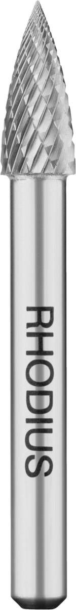 Ein rotierender Frässtift mit konischer Form und Verzahnung, hergestellt von der Marke 'RHODIUS', geeignet für Metallbearbeitung.