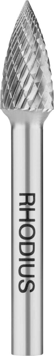 Zylinderförmiger Metallfräser mit spitzer Spitze, Gravur 'RHODIUS' auf der Seite. Verwendet zum Schleifen und Formen von Materialien.