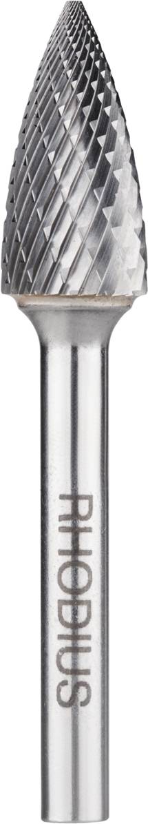 'RHODIUS' Frässtift, zylindrischer Schaft mit kegelförmigem Schleifkopf aus Hartmetall, geeignet zum Bearbeiten von Metalloberflächen.