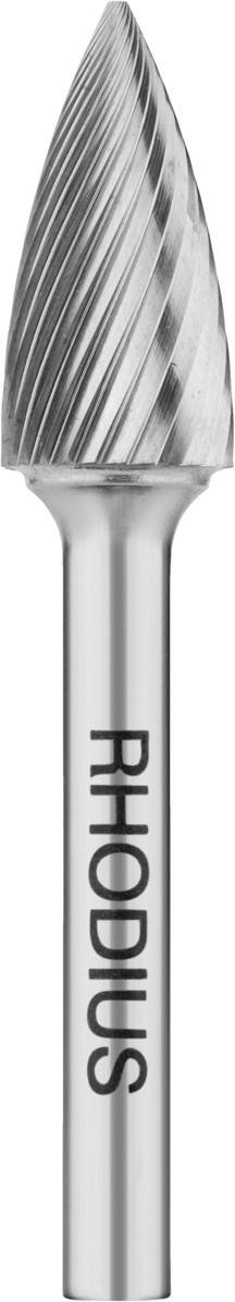 Eine Metallfräse mit kegelförmigem Kopf und spiralförmigen Schneiden, vertikal stehend, mit Aufschrift 'RHODIUS' auf dem Schaft.