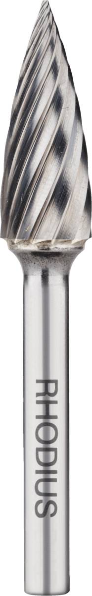 Frässtift aus Metall mit RHODIUS-Logo, konisch geformt mit spiralförmigen Schneidezähnen, geeignet zum Bearbeiten von Materialien.