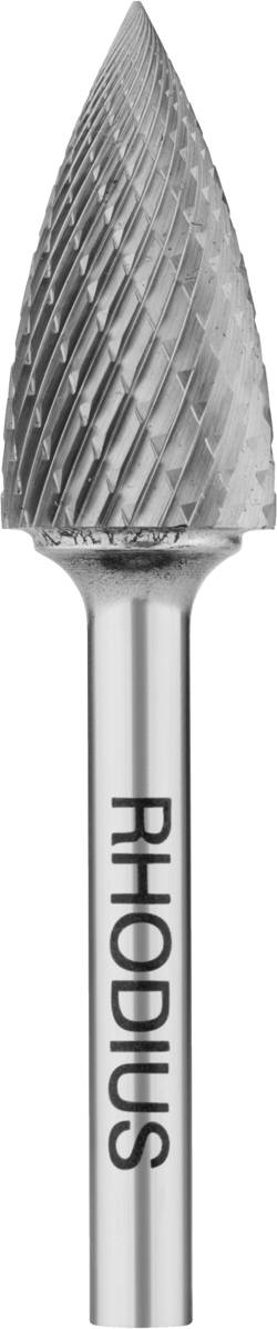 Metallfräser mit spitz zulaufender, rautenförmiger Fräskopfstruktur, markiert mit dem Schriftzug 'RHODIUS' auf dem Schaft.