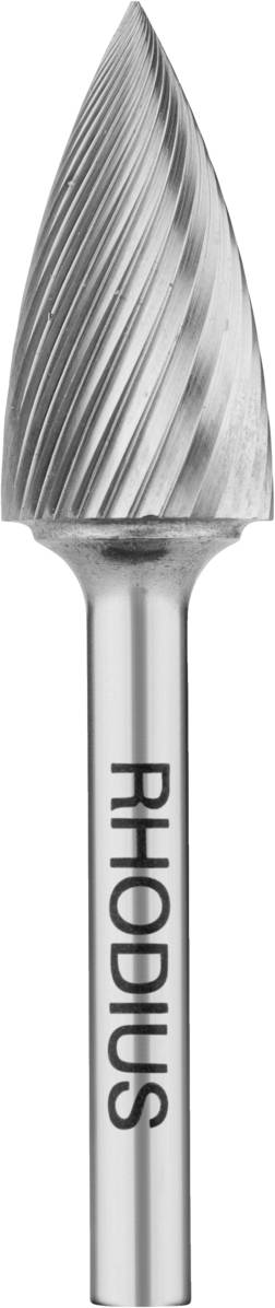 Fräser in Kegelform aus Metall mit spiralförmigen Schneidkanten, markiert mit 'RHODIUS'. Wird zum Bearbeiten von Materialien verwendet.
