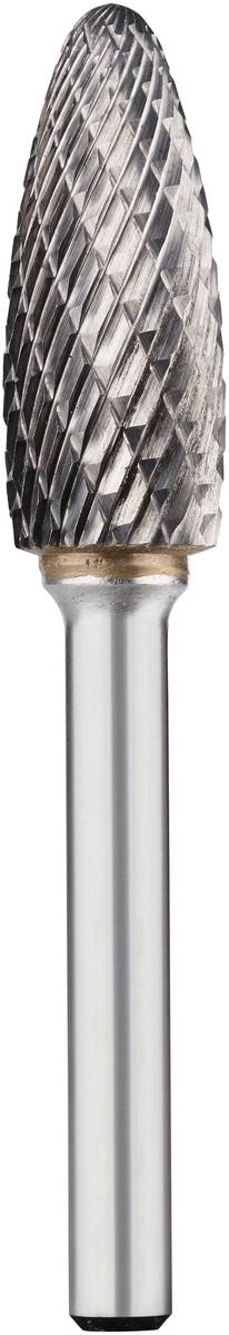 Metallfräser mit kegelförmigem Kopf und scharfer Riffelung, verwendet zum Schleifen und Schneiden von Materialien in der Metallbearbeitung.