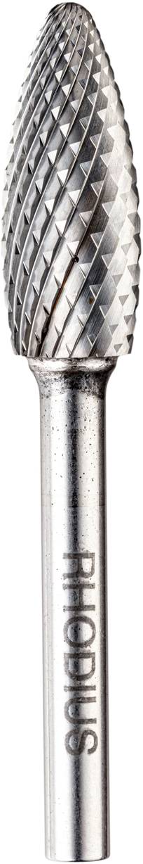 Ein rotierender Fräser mit kegelförmigem Kopf und spiralförmigen Schneiden, geeignet für Feinbearbeitung von Metalloberflächen.