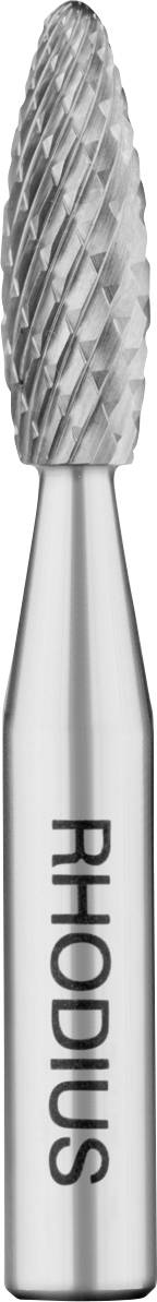 Metallfräser in zylindrischer Form mit geriffelter Oberfläche und der Aufschrift 'Rhodius'. Verwendet zum Schleifen und Formen von Metallen.