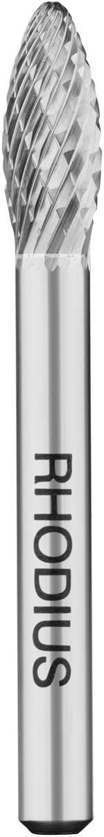 Ein zylindrisches Metallwerkzeug mit diamantartiger Spitze, das zur Materialbearbeitung dient. Markiert mit dem Schriftzug 'RHODIUS'.